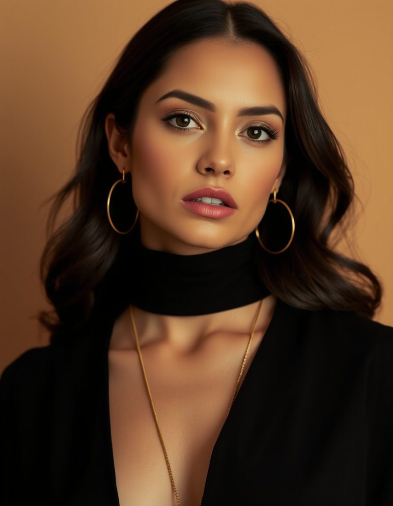 Donna con lunga collana in oro