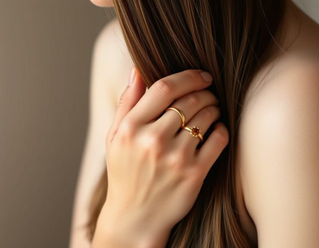 Mani con anelli in oro tra i capelli